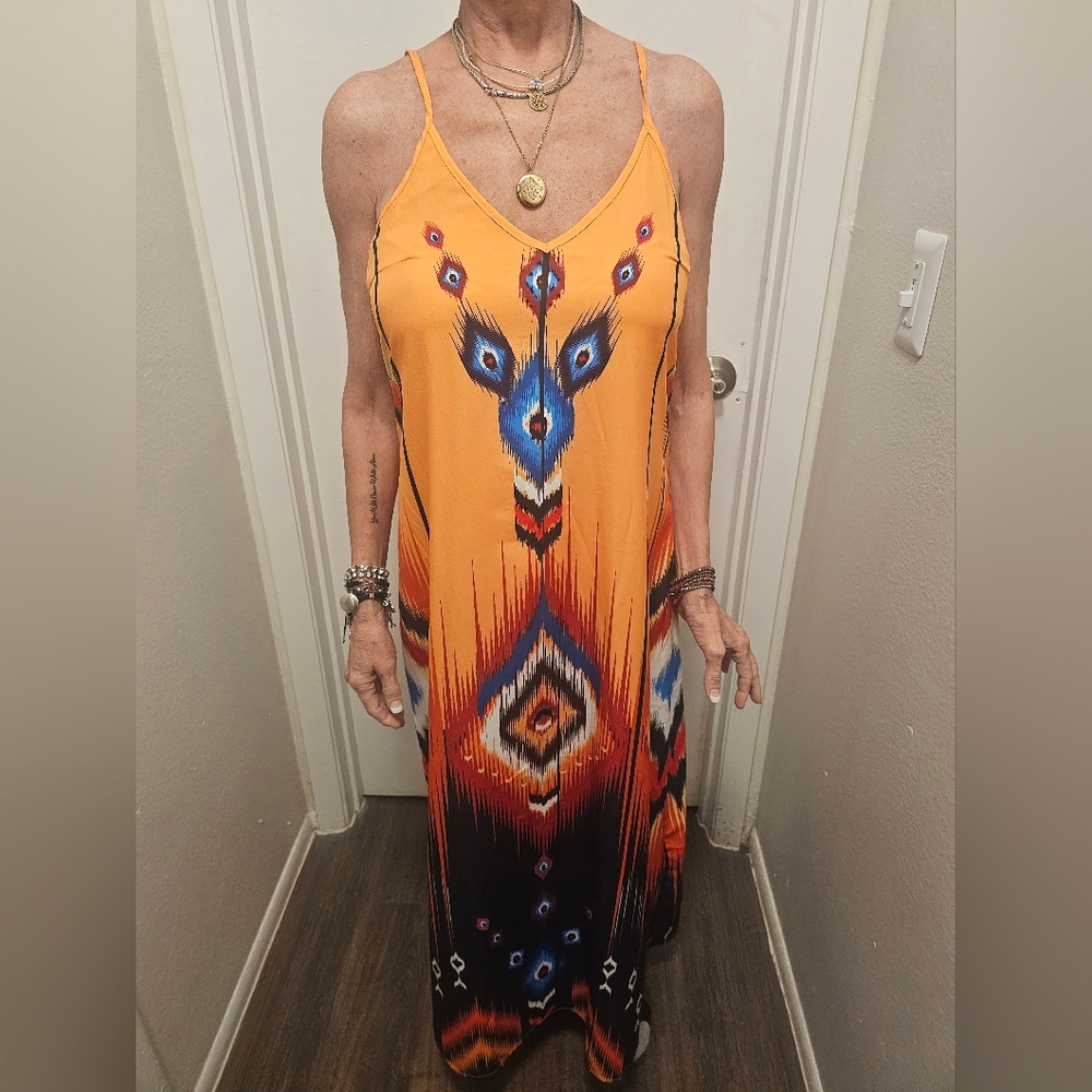 Shein Orange and Blue Patterned Maxi Dress
